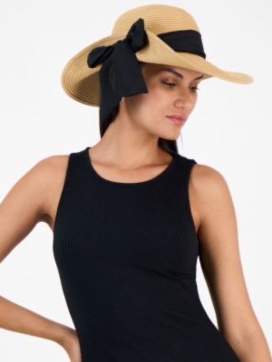 Women\'s Wide Brim Straw Sun Hat with Black Ribbon Accent